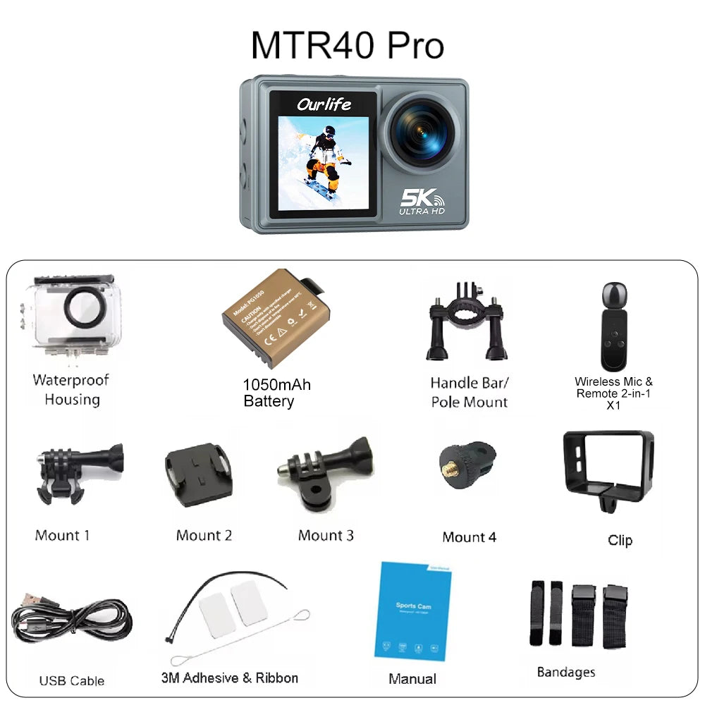 OURLIFE MTR40 5K Action Camera – 24MP, 4K 60fps, EIS, 2" IPS Touch Screen, 170°, 30M Waterproof, WiFi, Remote Control, up to 128GB