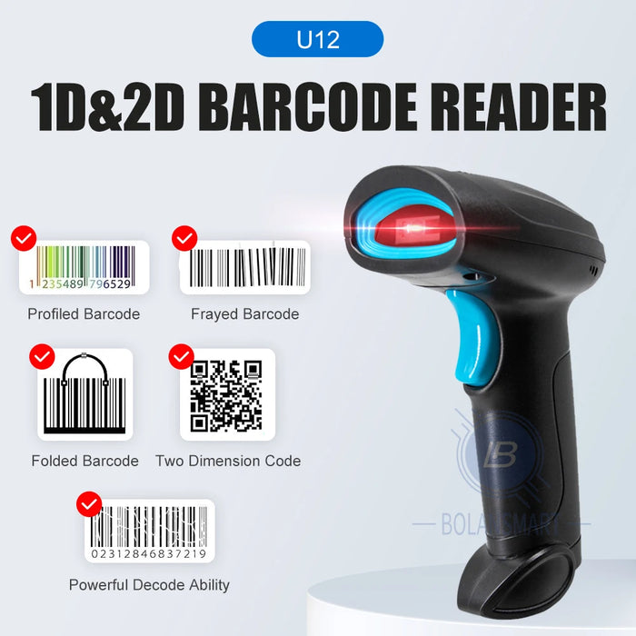 SYCREADER U12 1D & 2D Barcode Scanner – Wired USB / Wireless 2.4G / Bluetooth, 200 Scans/sec, CMOS, for Supermarket & Logistics