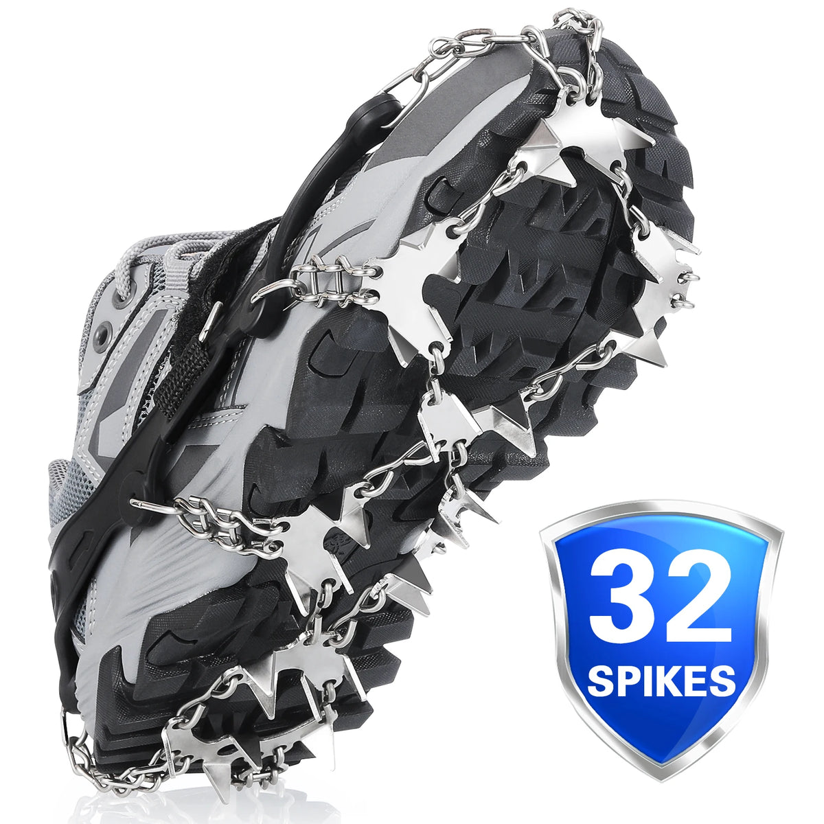 32-Teeth Ice Crampons & Snow Spikes for Shoes – Stainless Steel, Anti-Slip, for Hiking & Climbing, Size M/L/XL, Silver