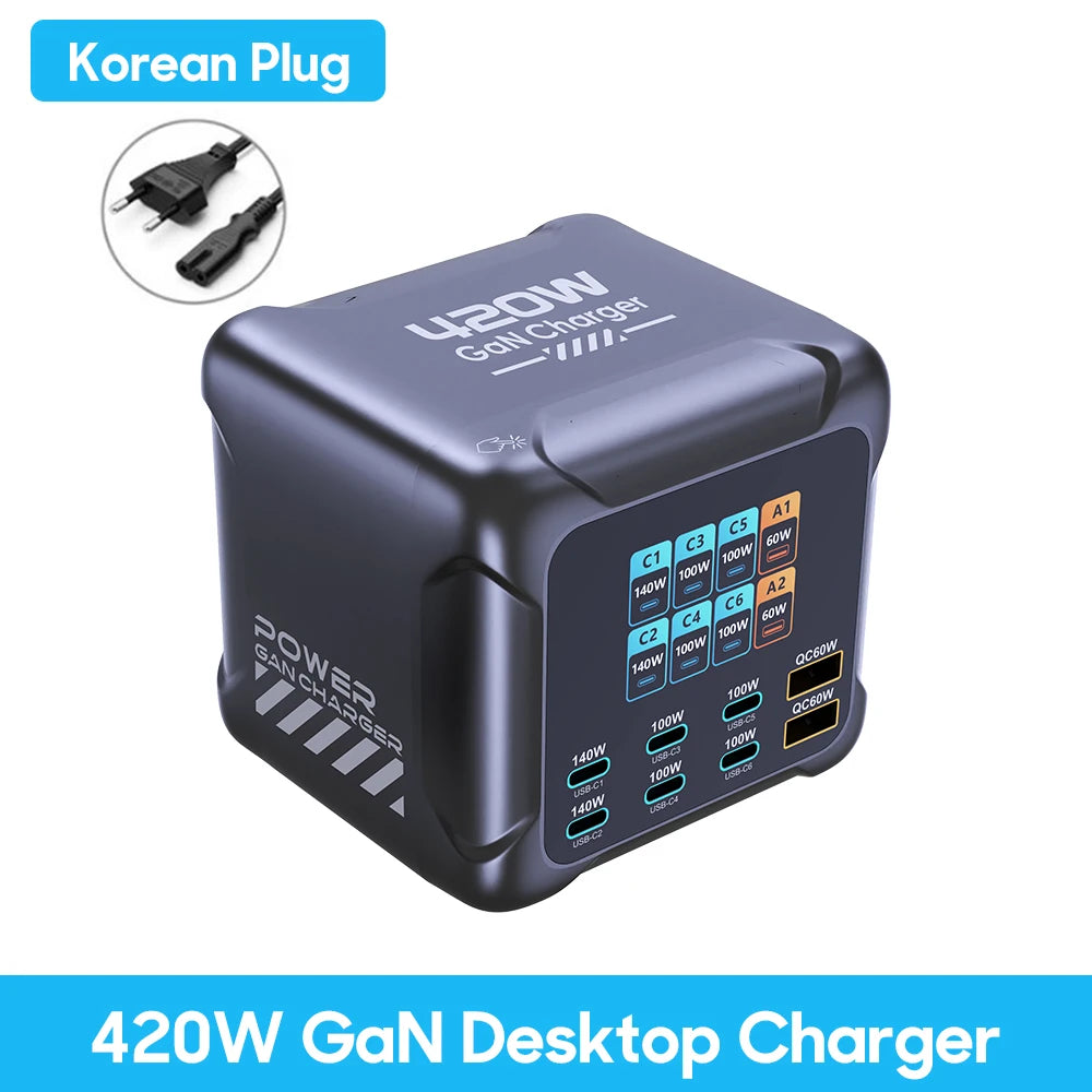Ubigbuy 420W GaN Desktop Charger – 8-Port (6x USB-C + 2x USB-A), PD 3.1 140W, PPS, Digital Display, for MacBook, iPhone & Samsung – EU/US/UK/AU/KR Plug