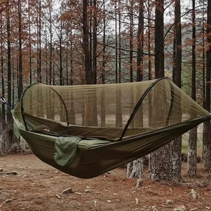 Outdoor Camping Hammock with Integrated Mosquito Net – Nylon Hanging Bed for Leisure & Travel
