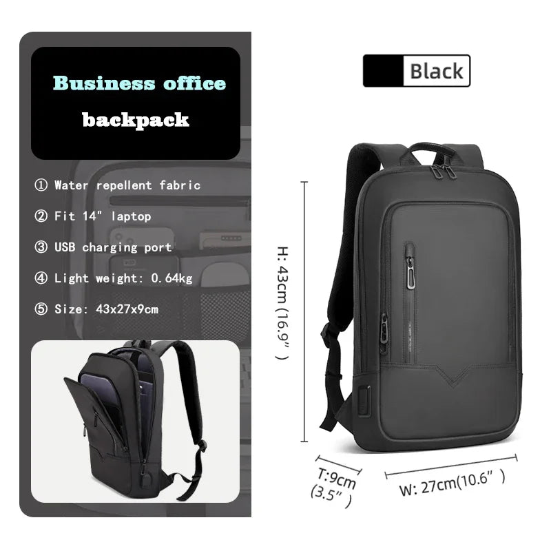 HK Slim Laptop Backpack – 15.6", 20–35L, Waterproof Oxford, USB Charging Port, Multiple Compartments, Unisex Business & Travel Bag, Black/Blue/Dark Grey