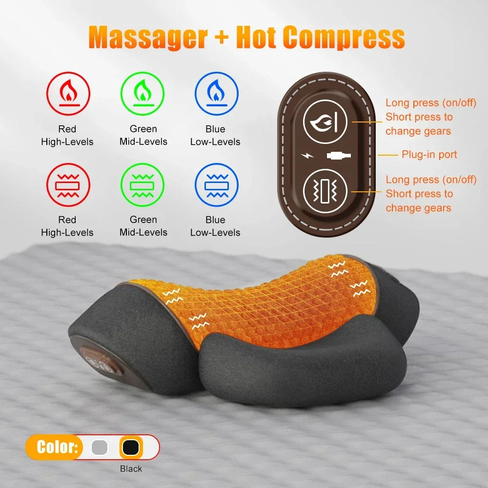 Electric Neck Massager Cervical Pillow – Hot Compress Heating Vibration & Traction for Neck, Shoulder & Back Relief