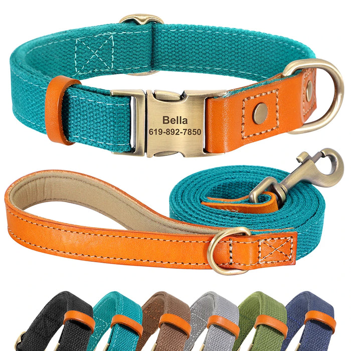 Personalized Dog Collar & Leash Set, Nylon & Genuine Leather, S/M/L, Custom Name Engraving, 6 Colors, Collar Only / Leash Only / Full Set
