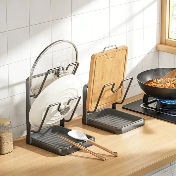 Carbon Steel Multi-Layer Pot Lid Holder & Cutting Board Rack – Space-Saving Kitchen Countertop Organizer, Single & Double Layer