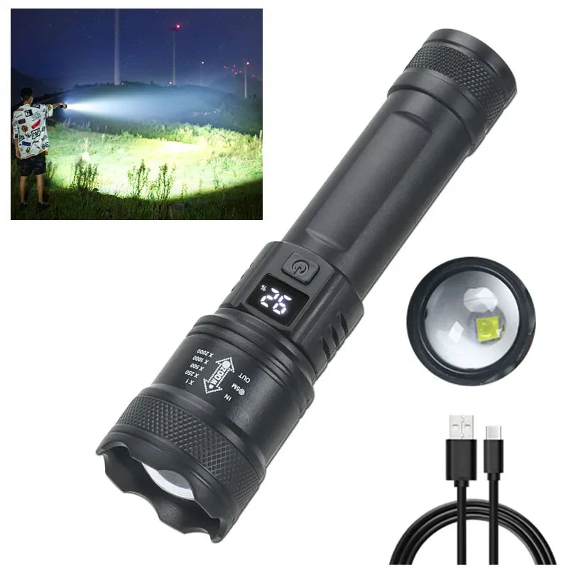High Power LED Tactical Flashlight – 2000LM, 10W, Zoomable, USB Rechargeable, Power Bank, Waterproof, 100–200m Range, 3 Modes