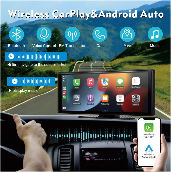 Pionray 10.26 Double DIN Car Stereo with Wireless CarPlay & Android Auto – Touchscreen, Wi-Fi, Rear Camera Option, 2-Year Warranty