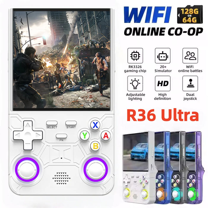 Retro R36 Ultra Handheld Game Console, 4.0 IPS 720x720, 64GB/128GB, 20000+ Games, Linux, White/Black/Blue/Purple