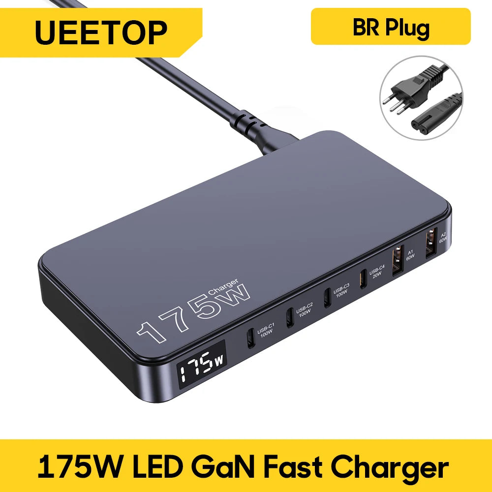Ueetop 175W GaN Desktop Charger – 6-Port (3x USB-C 100W + 1x USB-C 20W + 2x USB-A 60W), PD/QC 4.0/PPS, LCD Display, Ultra-Thin, for MacBook, iPhone & Samsung – EU/US/UK/AU/BR/KR Plug
