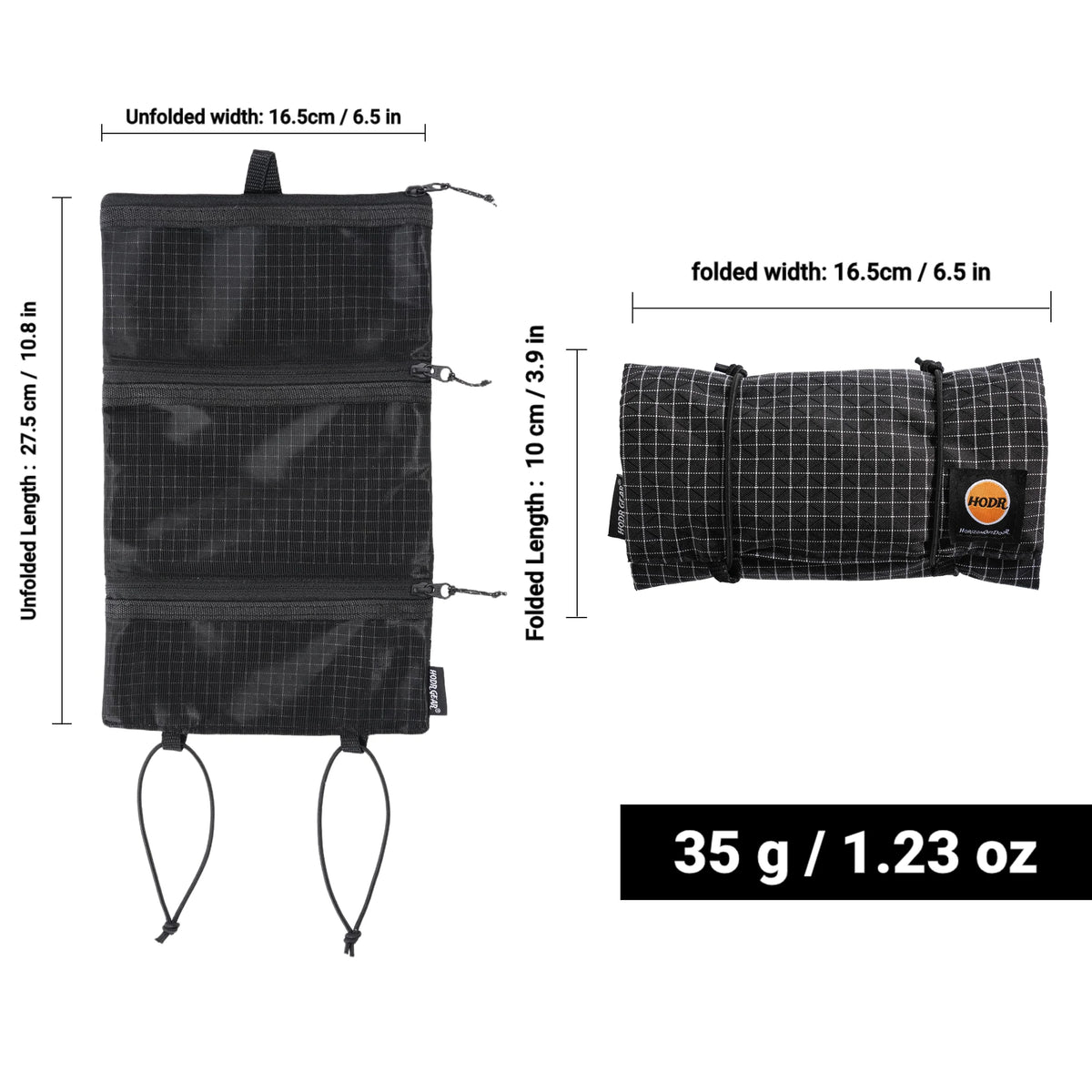 HODRGEAR Ultralight Toiletries Organizer – 35g Roll-Up Mesh Pouch, Nylon, YKK Zippers, Hiking & EDC Travel Storage