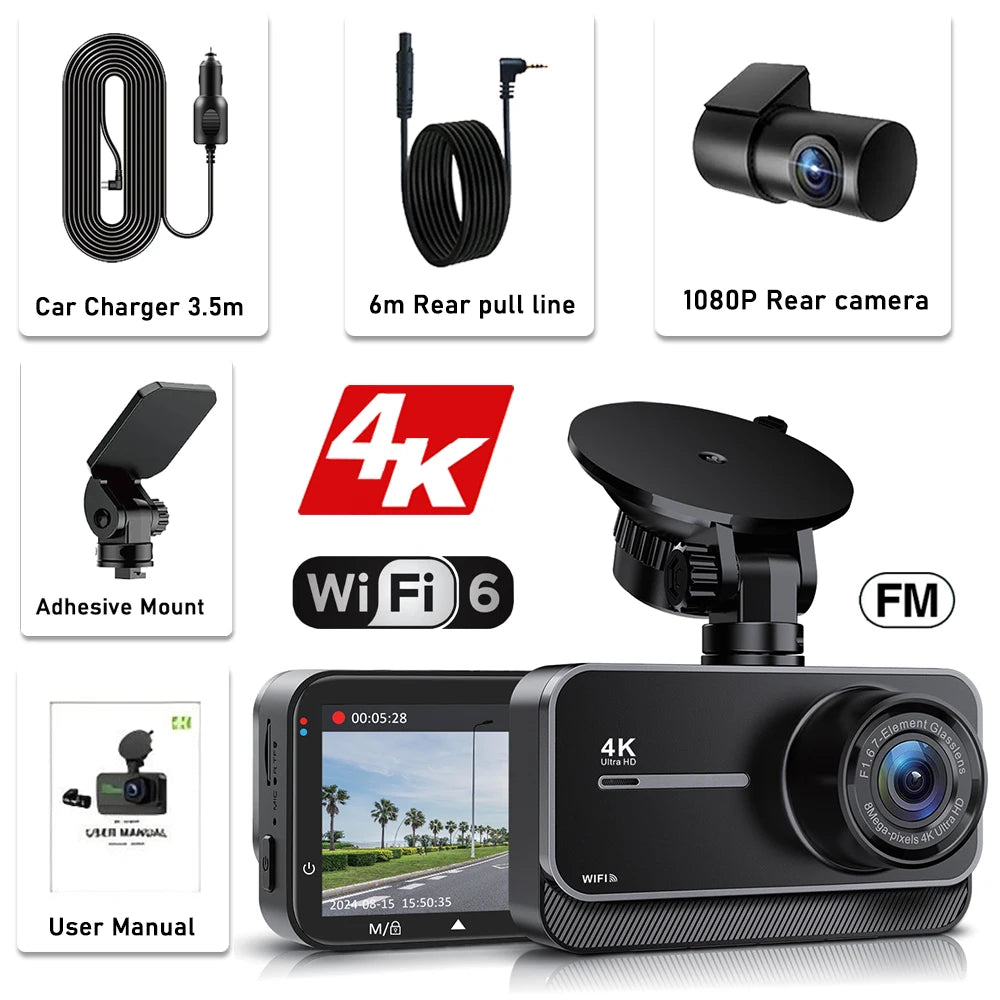 4K Dual Dashcam – Sony IMX335, F1.6, 170°, WiFi, Night Vision, 24H Parking Mode, Loop Recording, up to 256GB SD, Front & Rear