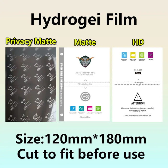 Universal Hydrogel Screen Protector Film – 9 or 50 Pcs, 120x180mm, Clear / Matte / Privacy Matte, Anti-Scratch, Anti-Spy, HD, for Phone Screen Cutting Machine – Cutting Required