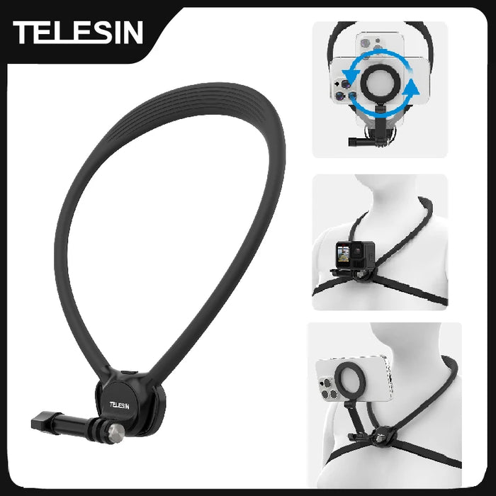 TELESIN 2-in-1 Neck Hold Mount for Action Camera & Phone – Compatible with GoPro, Insta360, DJI, SJCAM, Yi & More
